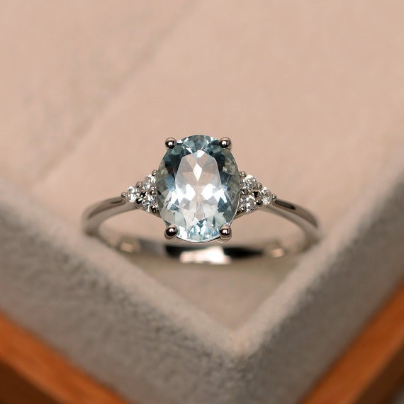 2.15 Ct Oval Cut Natural Aquamarine Diamond Wedding Ring 14K White Gold Size 7