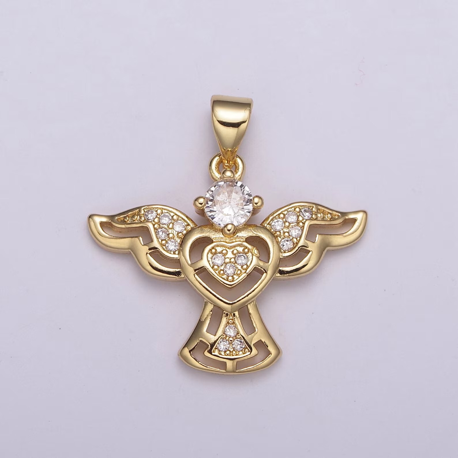 Round Cut Simulated Diamond Stunning Angle Wings Pendant 14K Yellow Gold Plated