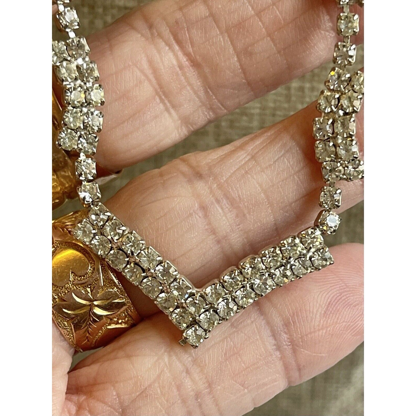 Vintage Chevron Rhinestone Silver Tone Necklace Blingy Choker Fold-Over Clasp