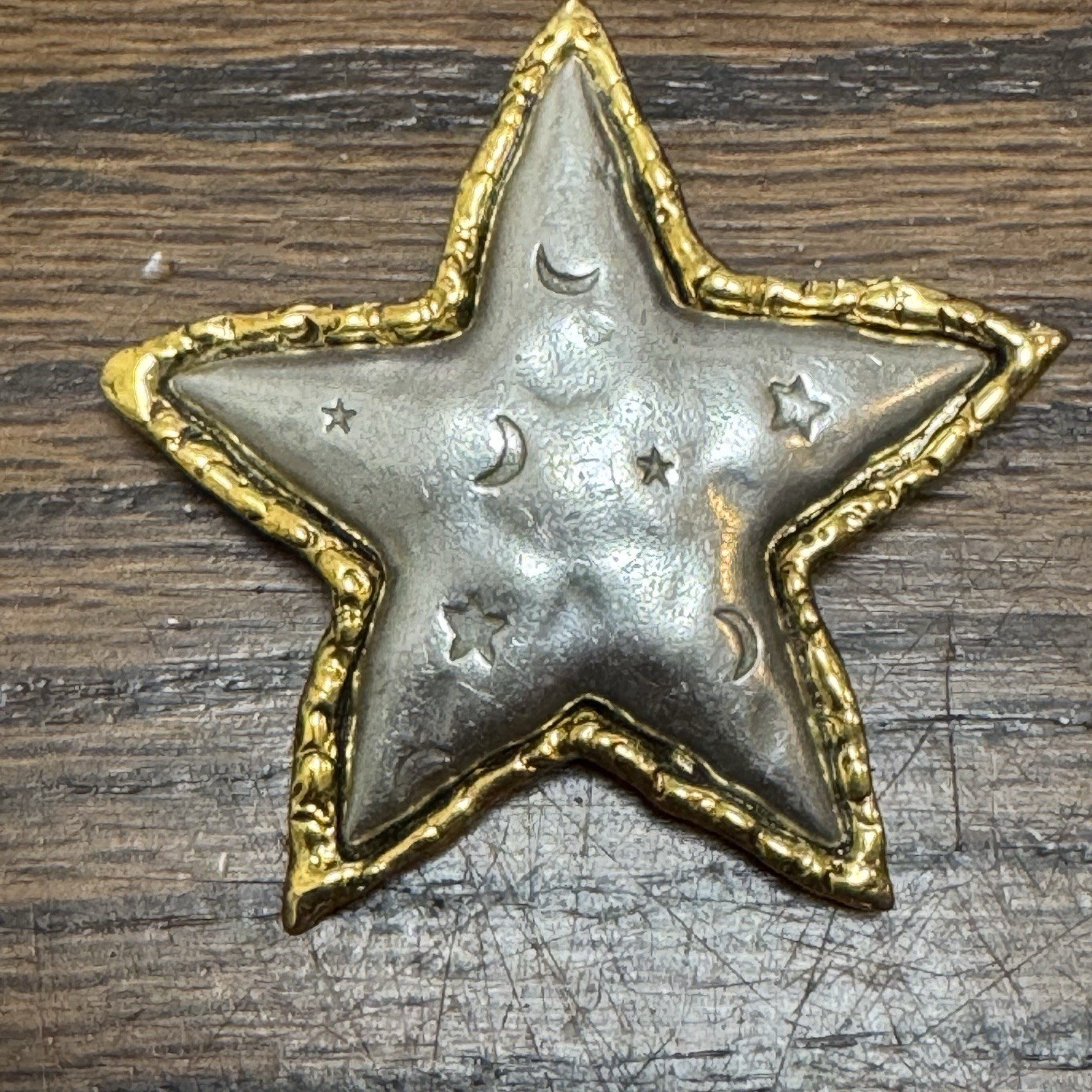 Vintage JJ Jonette Two Tone Star and Moon Night Sky Brooch Pin 2 1/2 Inches