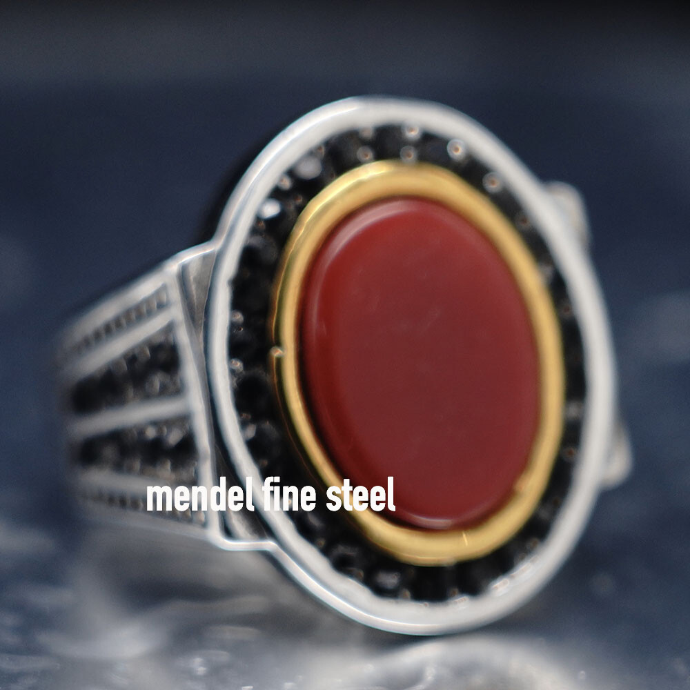 MENDEL Large Mens Gold Plated Red Coral Stone Ring Size 7 8 9 10 11 12 13 14 15