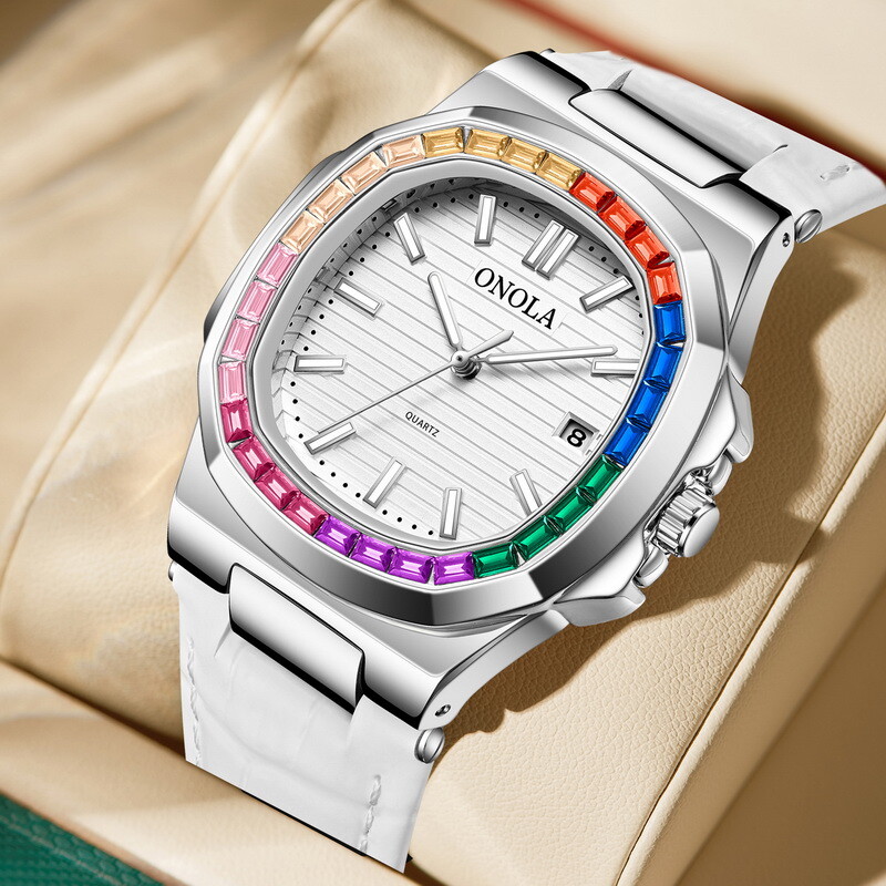 ONOLA Rainbow Leather Casual Business Calendar Waterproof Luminous Quartz Watch