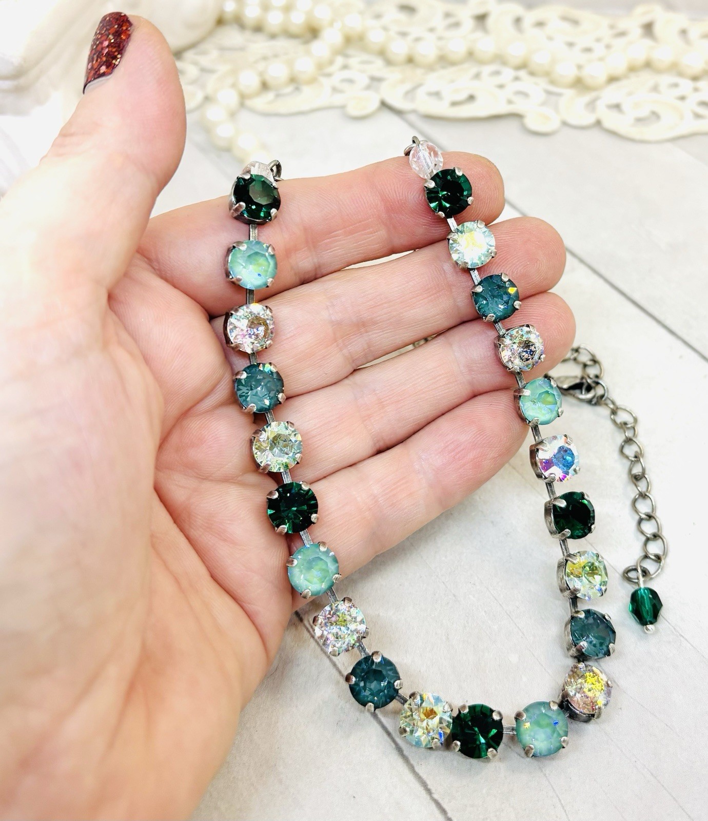 8mm Dark Green Crystal Cup Chain TENNIS Necklace, Sage Green Crystal Necklace