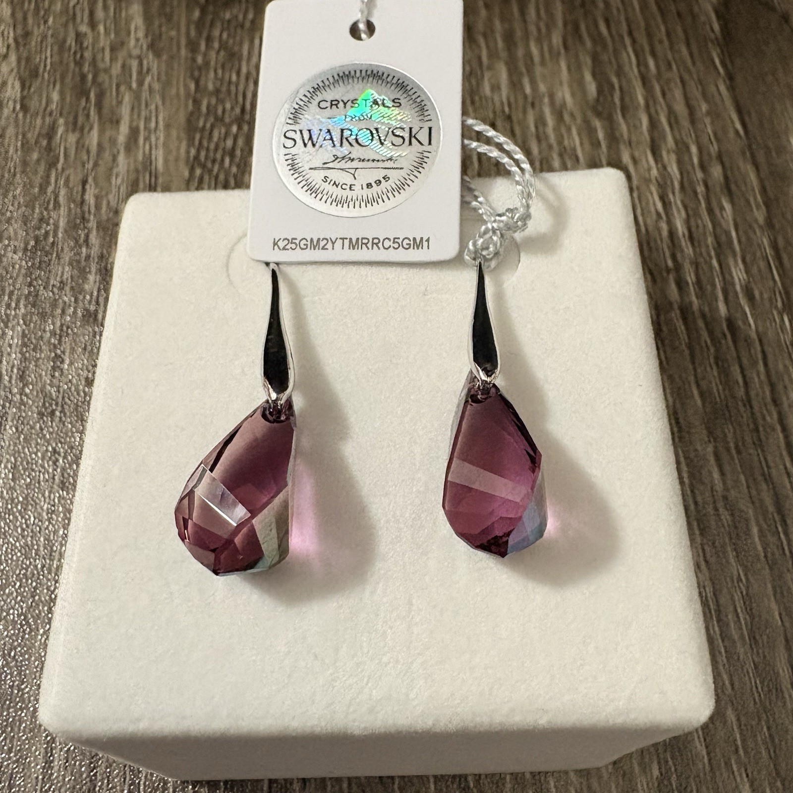 Teardrop Earrings with Swarovski Crystals Purple Faceted Stone Silver Tone 1.25″