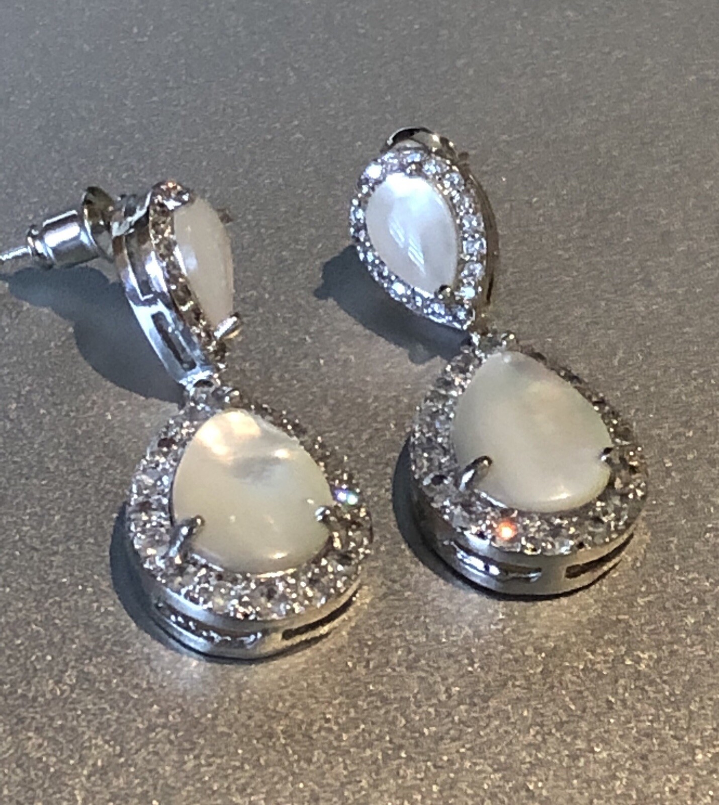 18k White Gold Plated Mother of Pearl Drop Earrings made w/ Swarovski Crystal