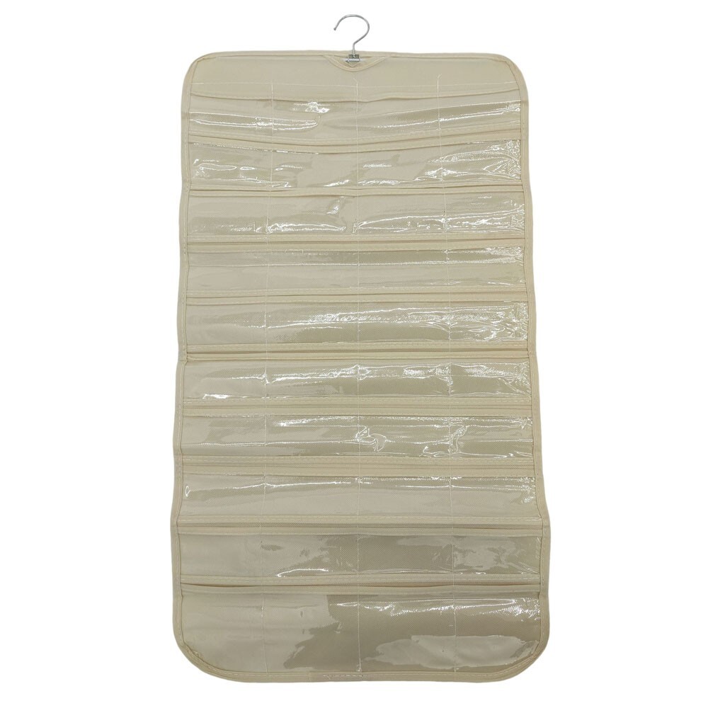 80 Pocket Hanging Jewelry Organizer Non-woven Fabrics Vinyl Metal Hanger Beige