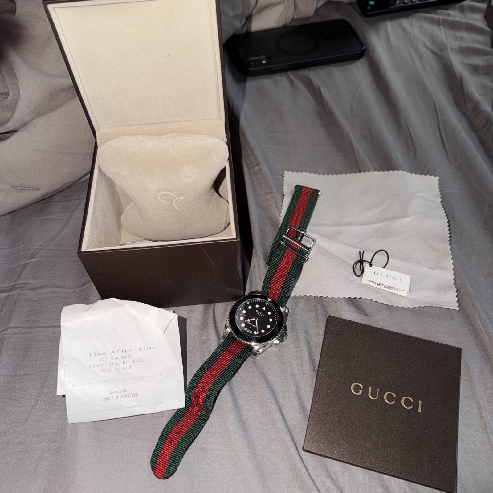 Gucci Dive 45mm Black Matte Dial Green Red Web Nylon Watch YA136209