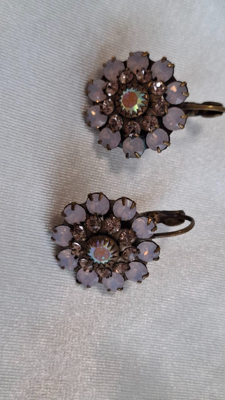 Vintage Liz Palacios San Francisco Antiqued Brass Swarovski Crystal Flower Earri