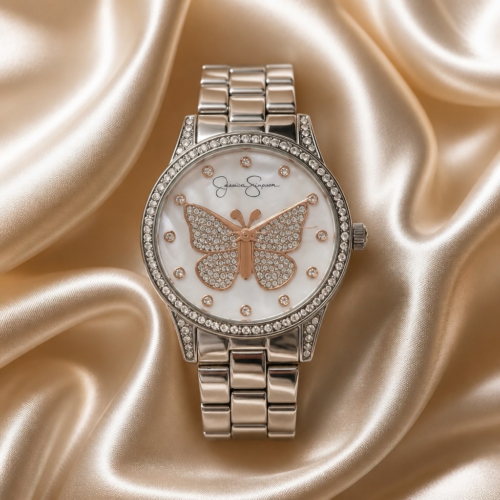 Jessica Simpson Silver-Tone Crystal Butterfly Watch with Mother of Pearl Dial