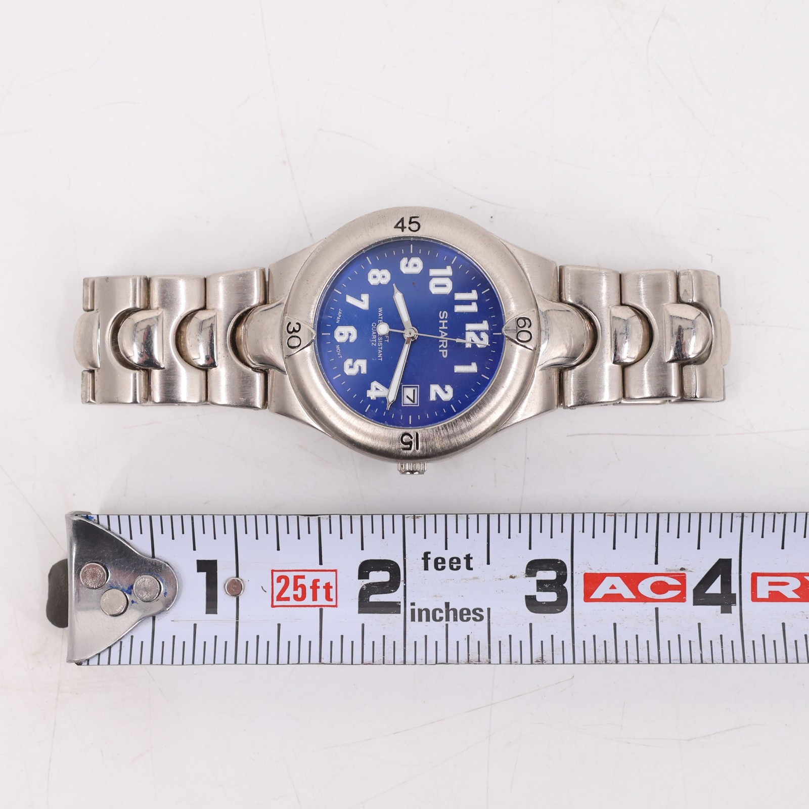 Sharp Blue Dial Quartz Watch 100FT Water Resist Silver Tone Band Battery 377