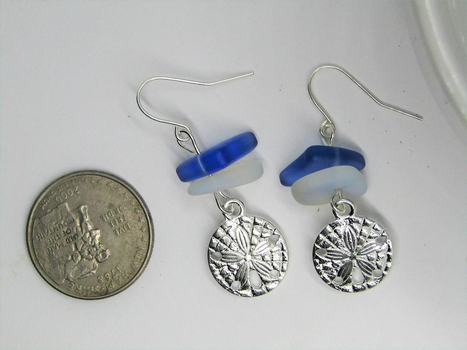 Frosted Opal & Blue Sea Glass Beach Stone Pebble Silver Charm SAND DOLLAR Shell