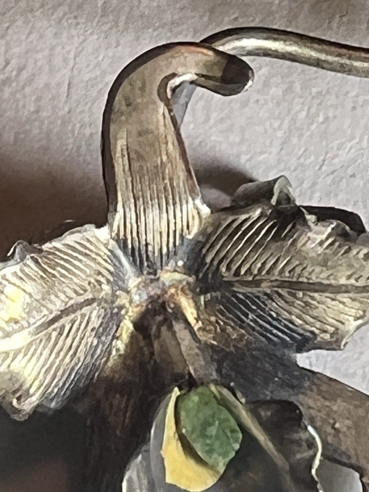 Vintage 1950s 3D orchid flower pin solid silver genuine, raw uncut green Emerald