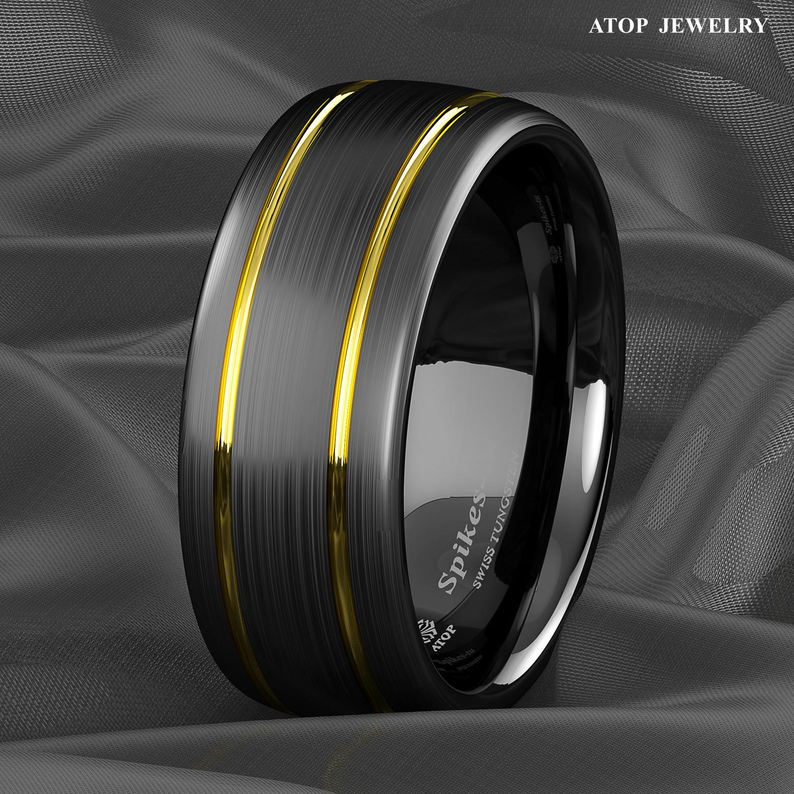 8mm Tungsten Ring Black Brushed Dome 18k gold Wedding Band ATOP Mens Jewelry
