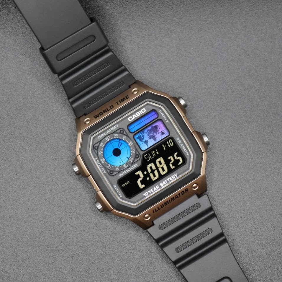 CASIO AE-1200WHD. Royale World Time Watch Mod. Blue Filter. Negative Display