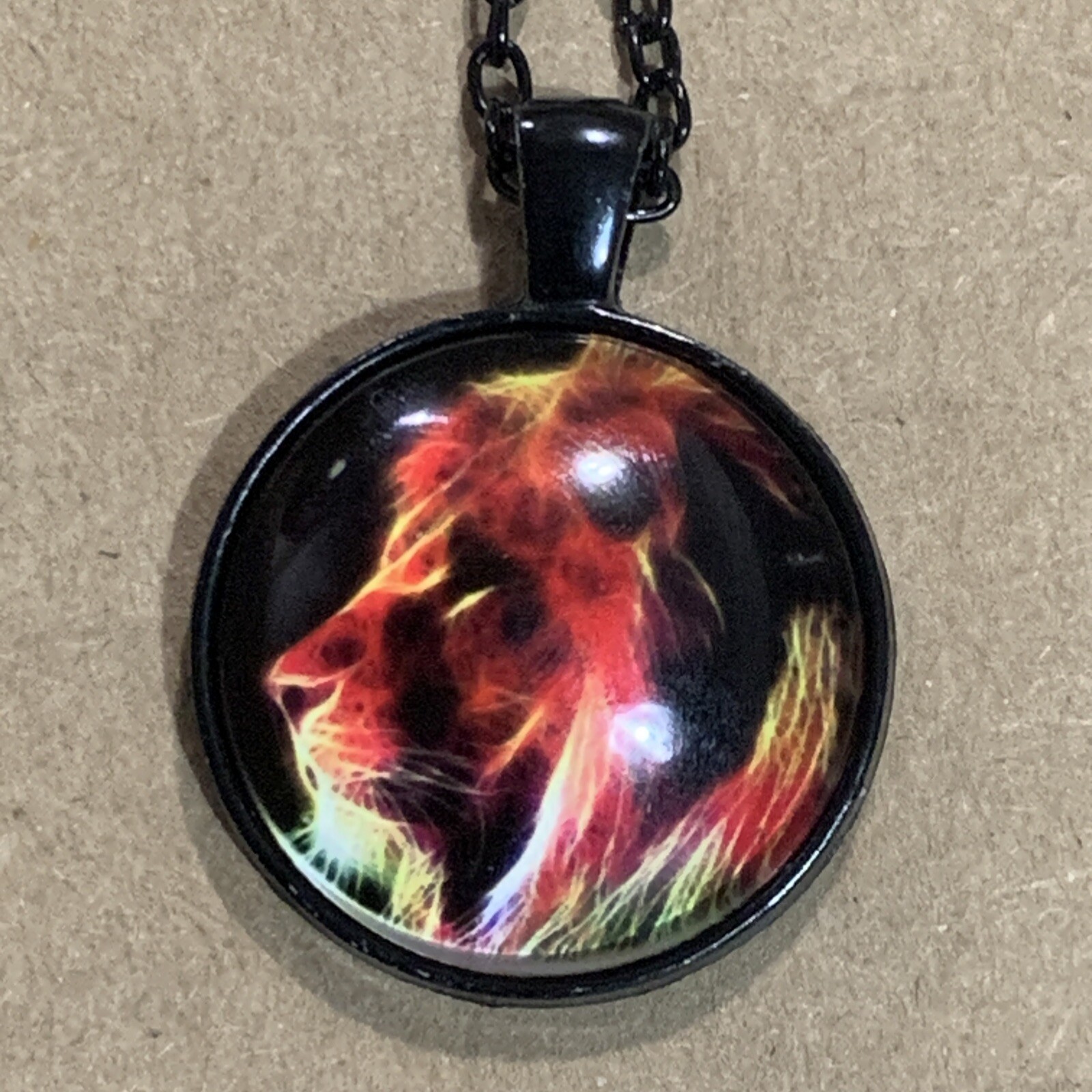 Lion Face Portrait 1in Glass Cabochon Black Pendant 18in Necklace Jewelry New