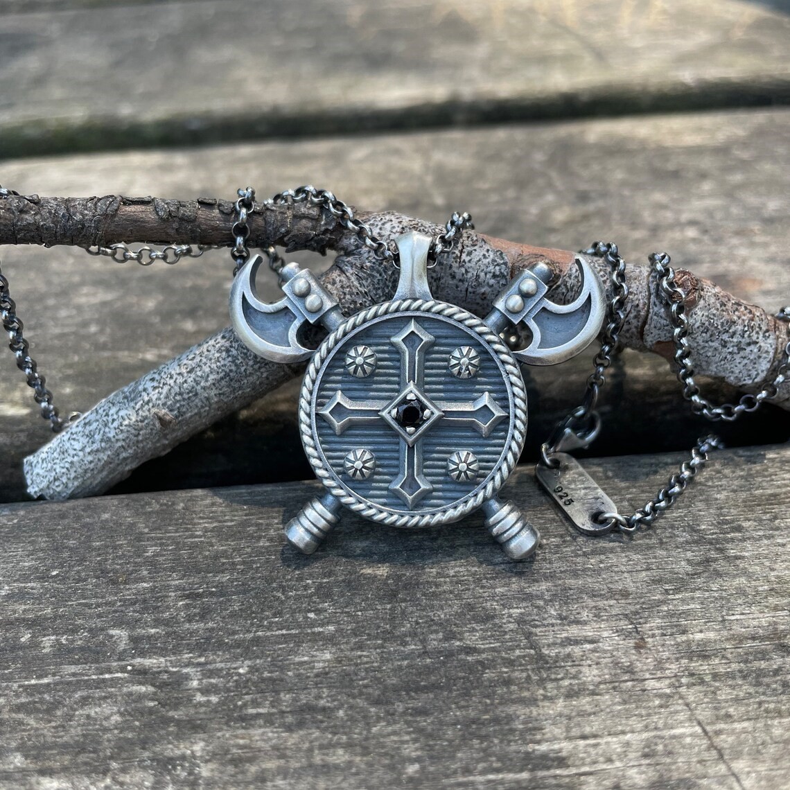 Viking Shield & Axe Oxidized 925 Sterling Silver Necklace Duty Free