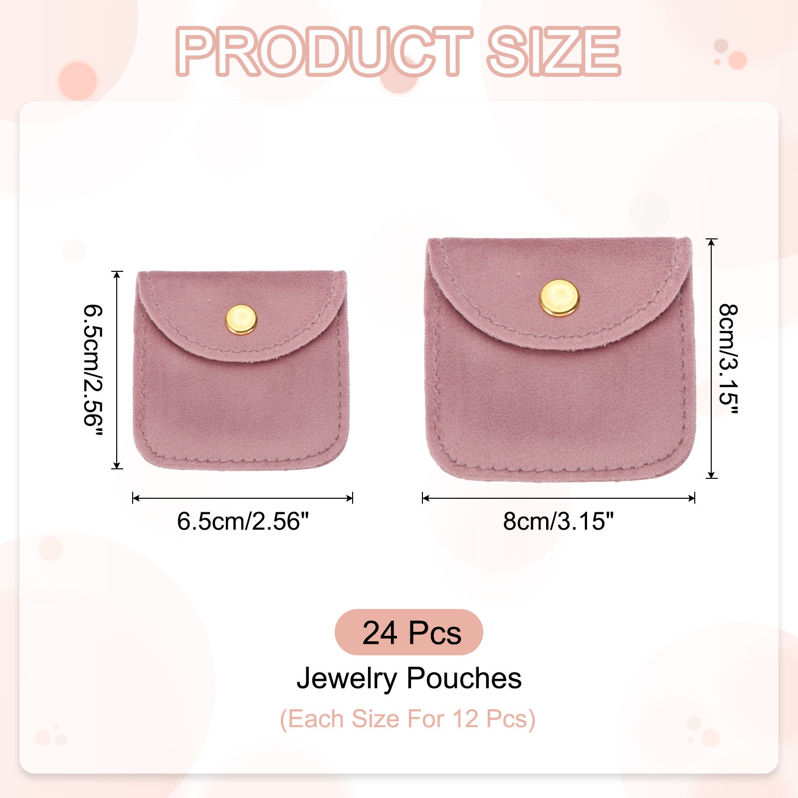 6 Pcs Velvet Jewelry Pouches Gift Bag with Snap Button (2″x2″/3″x3″) Pink