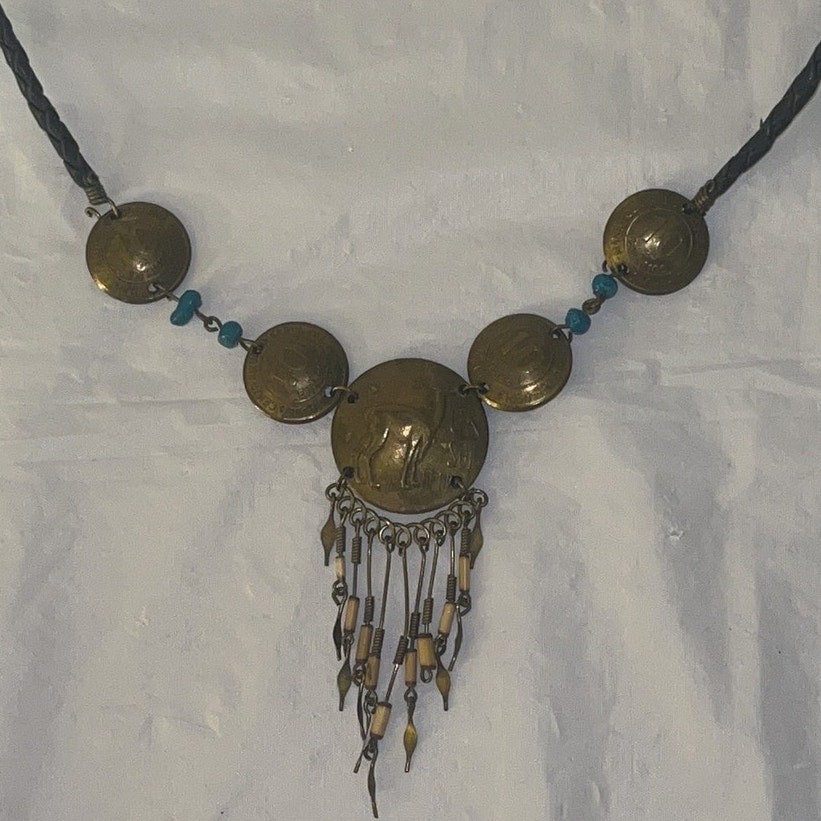 Vtg 70s South American Llama Coin & Bead Statement Necklace Boho Leather Cord