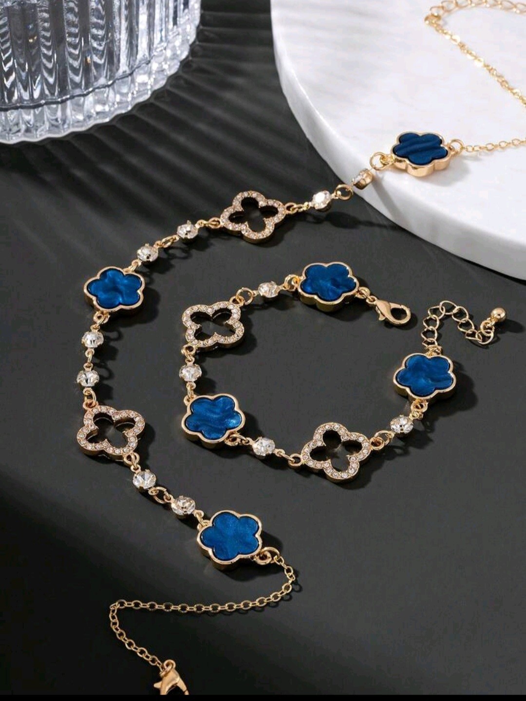 Gold Tone Blue Clover Necklace & Bracelet Jewelry Set, Zinc Alloy/Iron
