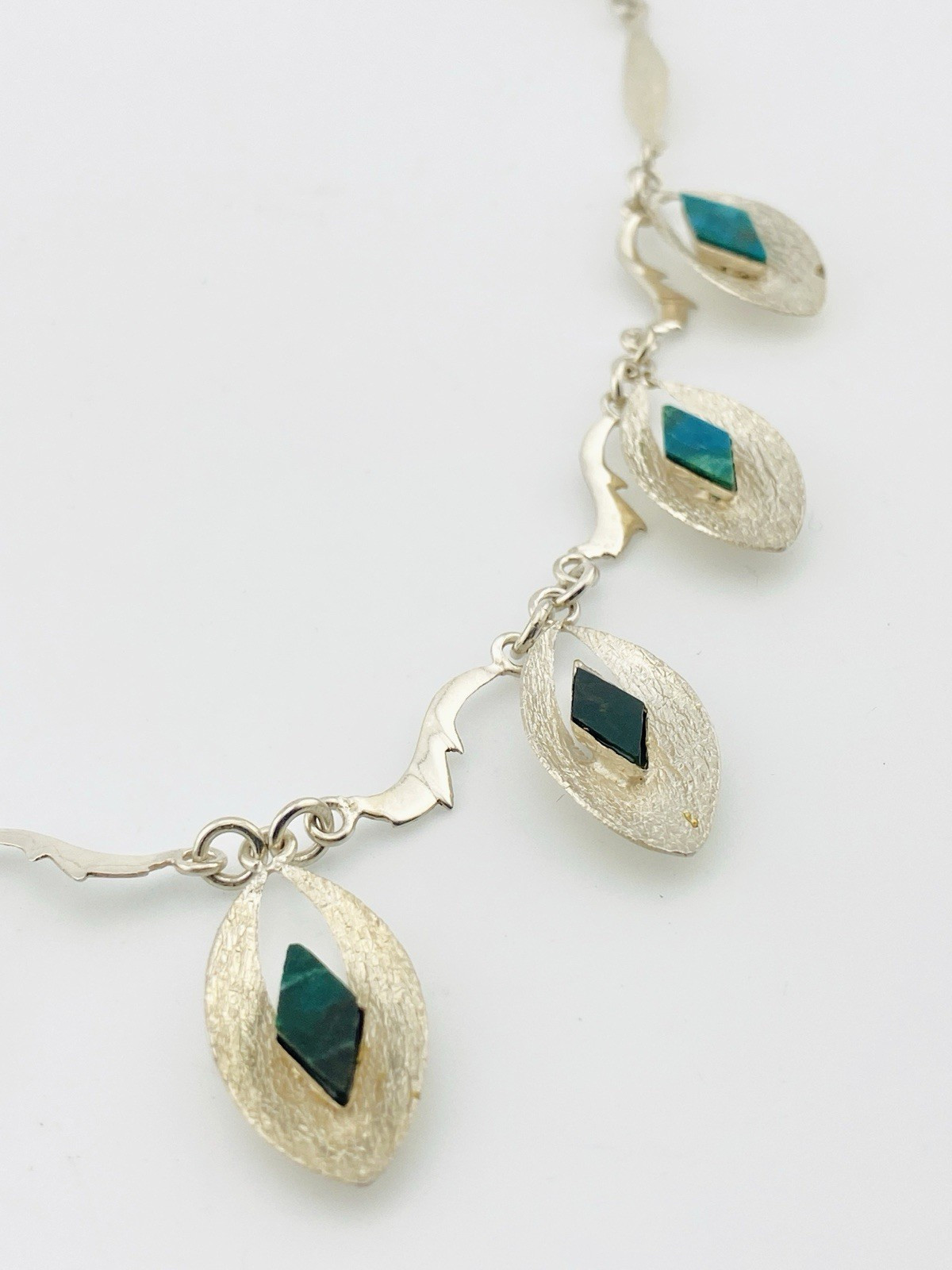 Modernist Sterling Silver Malachite Necklace Artisan Studio Jewelry 17 In