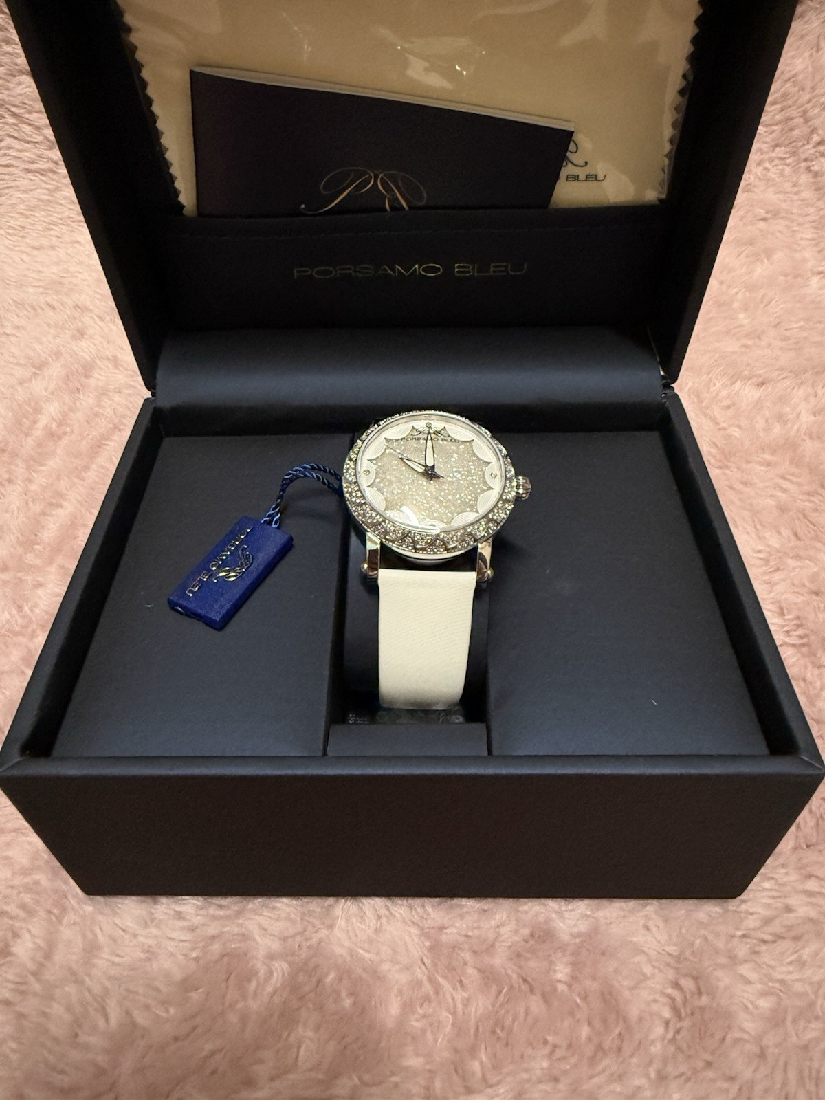 Porsamo Bleu Genevieve Luxury Topaz Women’s Satin Leather Watch, Silver, White