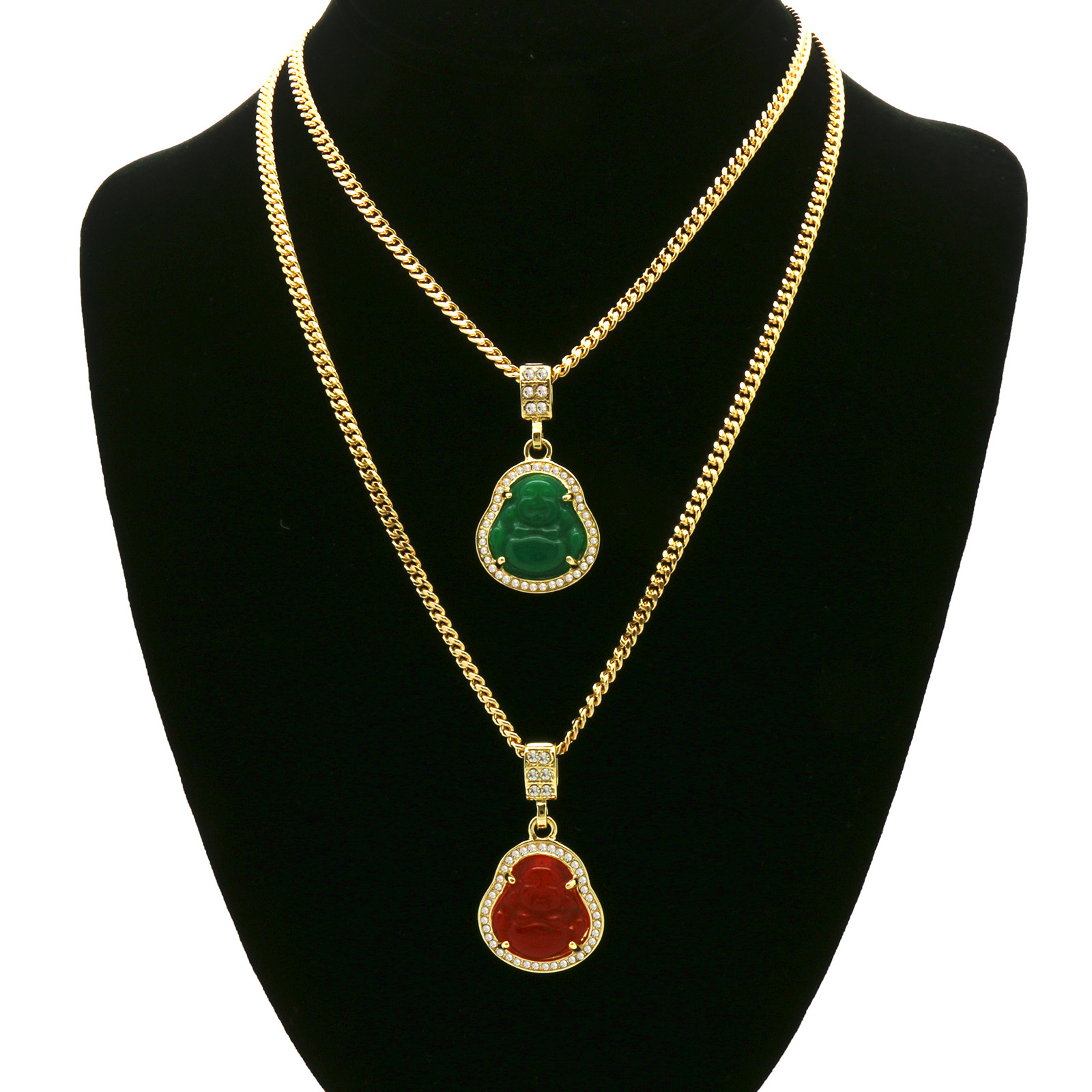 Men 14k Gold Plated green red buddha Cubic-Zirconia 30 & 24″ Cuban Chain