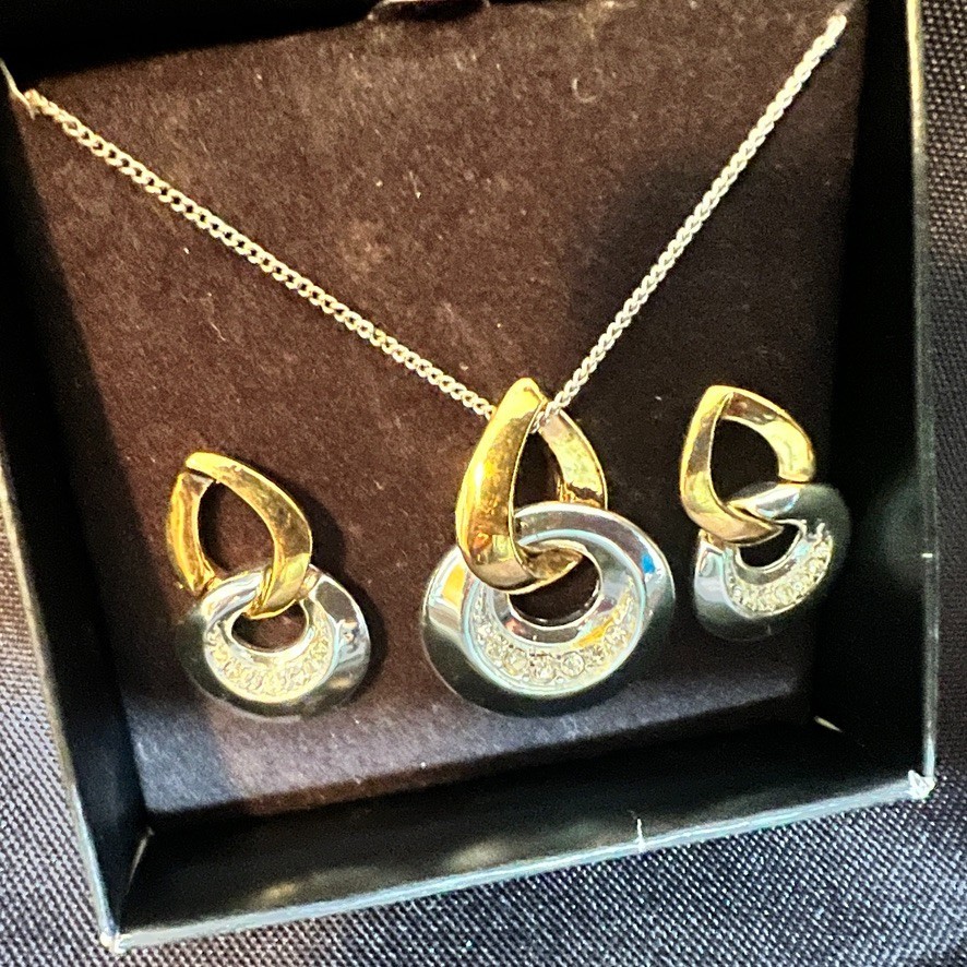 SAC Two Tone Necklace Earring Set NOS Vintage 1990s Silver Gold Tone Crystal