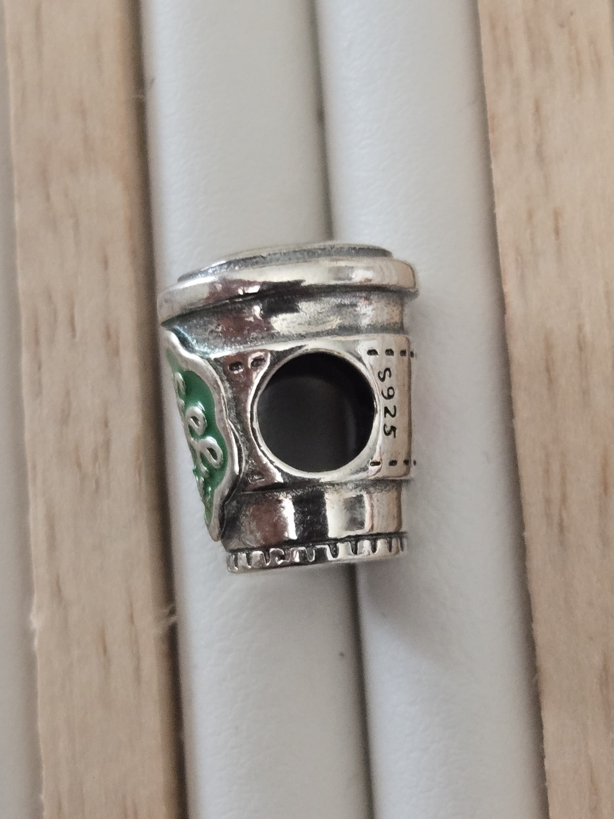 S925 Sterling Silver Coffee Cup Bead Green Enamel Heart Charm
