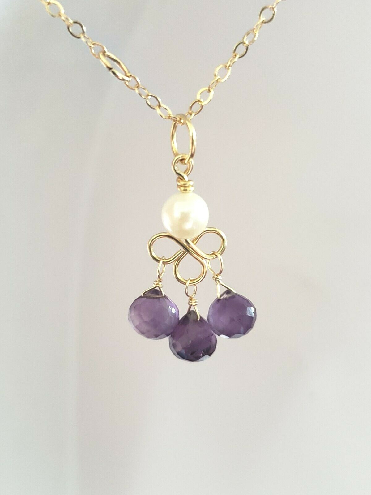 14k Yellow Gold Amethyst Briolette and White Pearl Chandelier Dangle Pendant