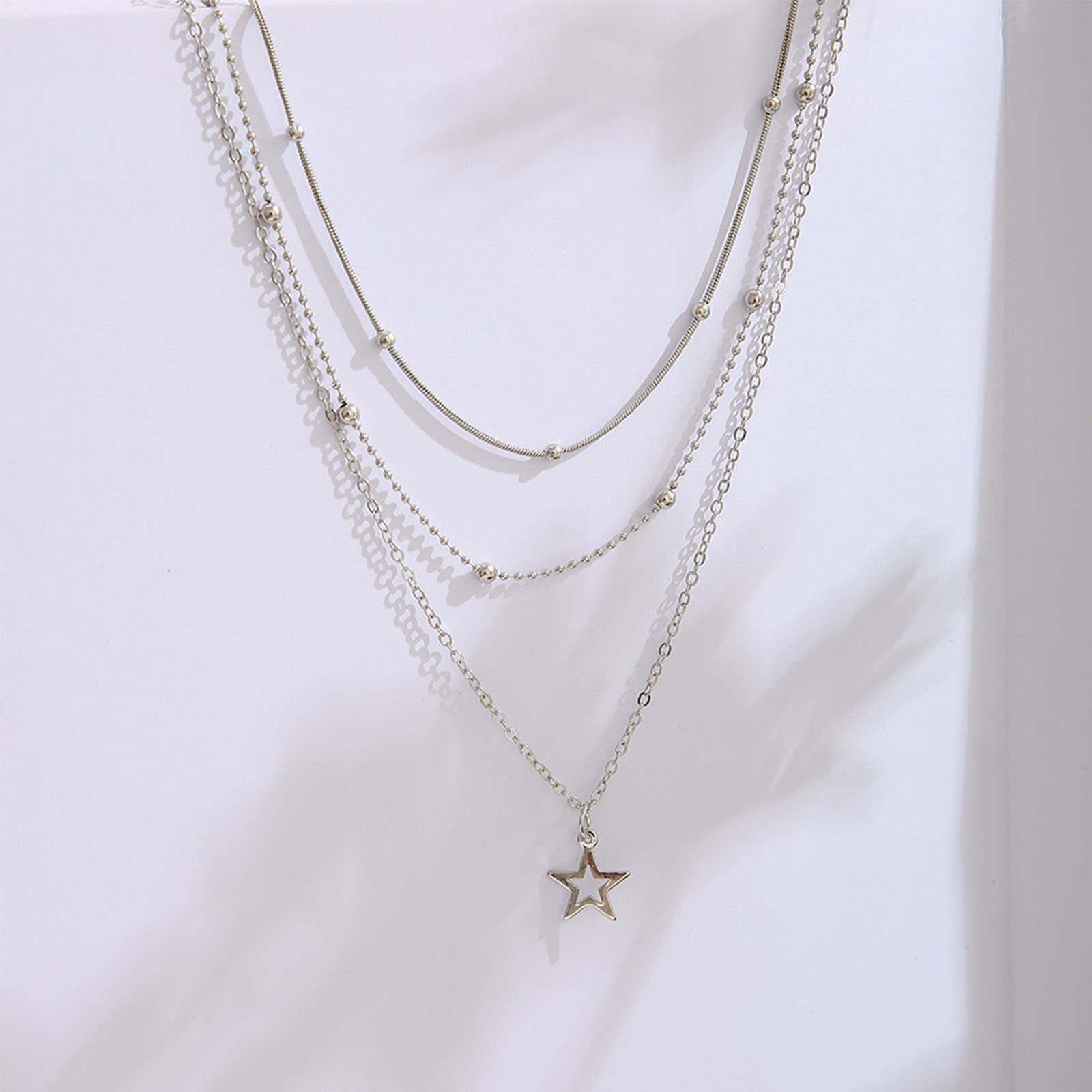Boho Layered Star Necklace Choker – Silver Pendant, Beads Satellite Chain, Vinta