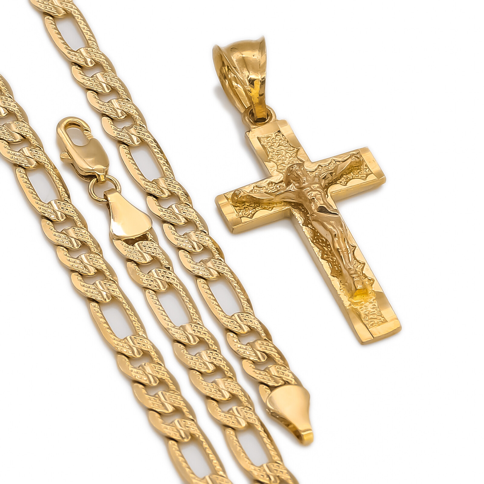 Hip Hop Jesus Cross (s-3) Pendant Solid Gold Plated 24″ Figaro Chain Necklace