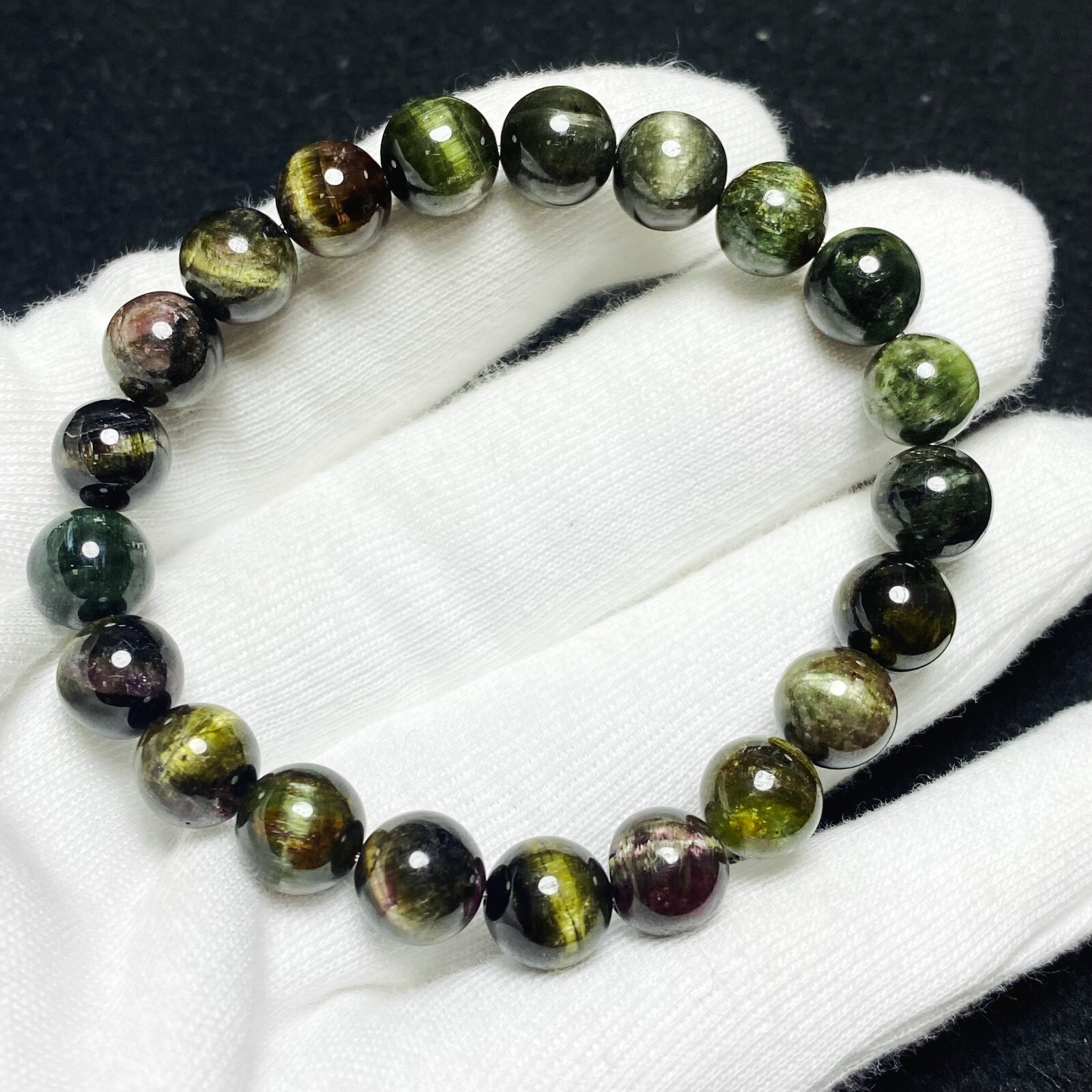 9.2mm Natural Color Tourmaline Cat’s Eye Quartz Crystal Beads Bracelet C1487