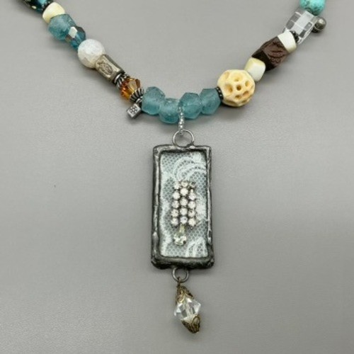 Mixed Bead Necklace Womens Teal Boho Artisan Lace Pendant Toggle Clasp 21 Inch