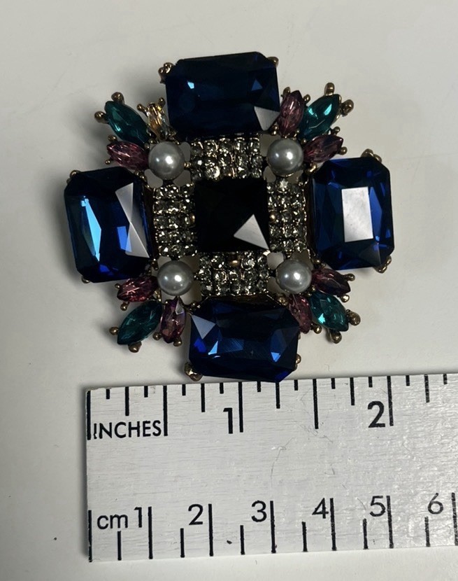 Unsigned Vintage Blue Rhinestone Faux Pearl Statement Brooch Pin Gold Tone 2”