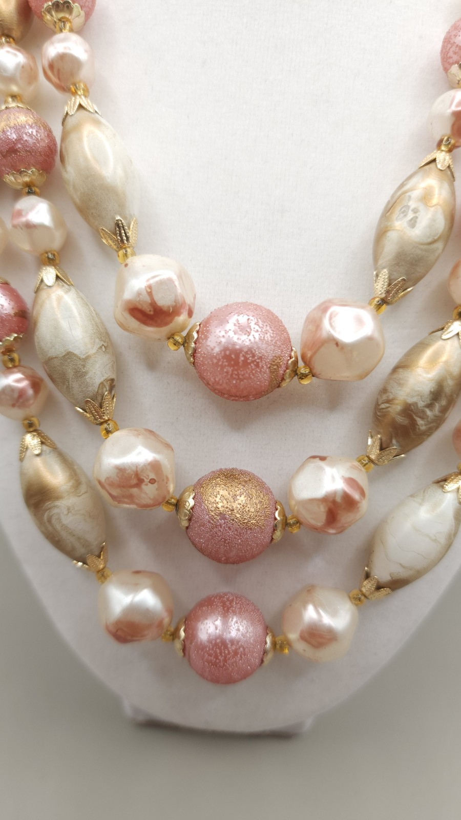 Vintage 1960s Pink Gold Pearl Triple Strand Necklace Hong Kong Mid Century Bib