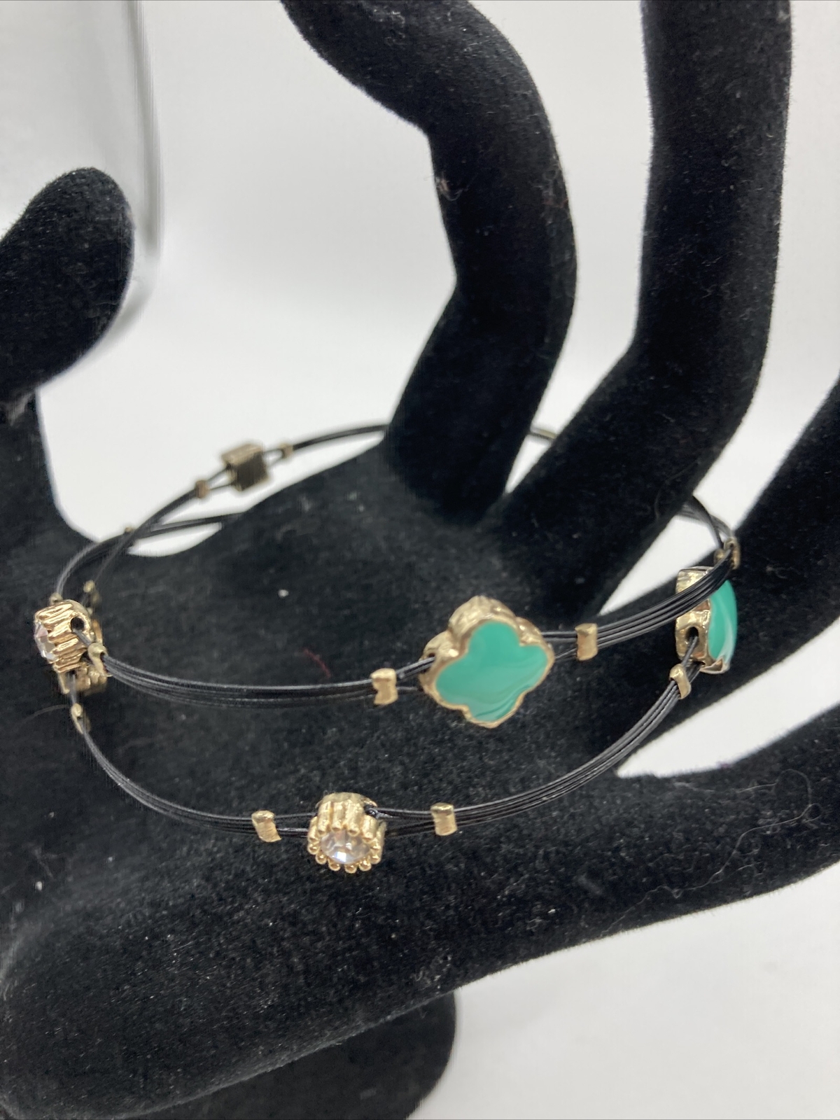 Green Enamel Clover Black Coated Wire Gold TOne Clear Crystal Bangle Bracelet