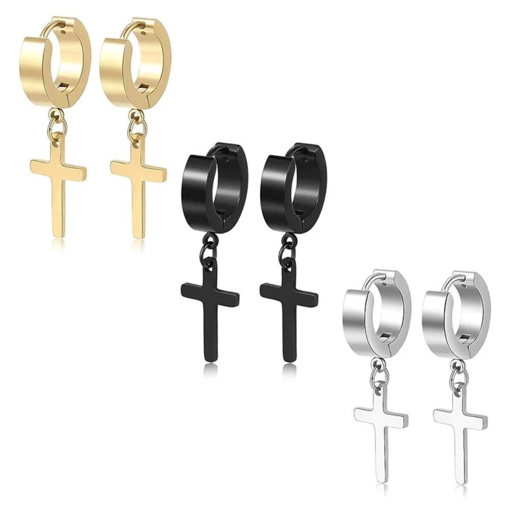 Men’s Women’s Stainless Steel Cross Drop Dangle Loop Huggie Hinged Hoop Earrings