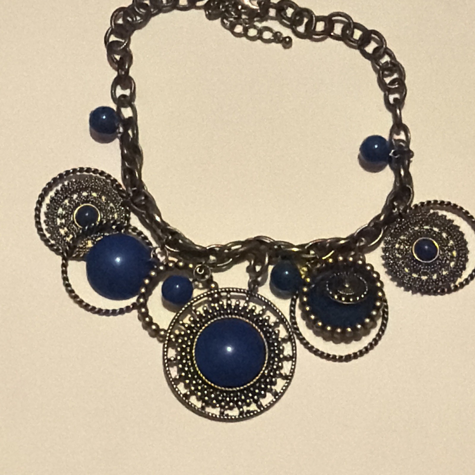 Blue Round Charm Pendant Statement Necklace, Silver Tone Metal, Adjustable