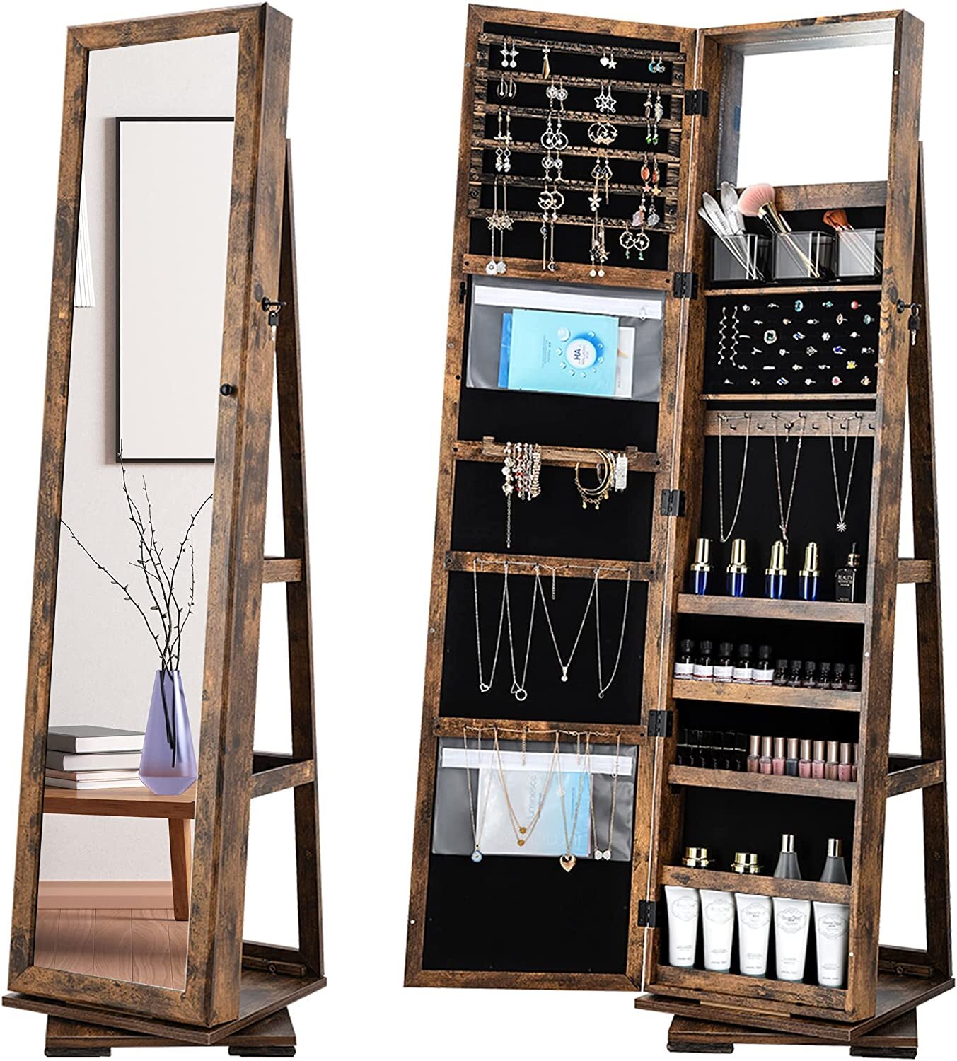 Freestanding Jewelry Cabinet Mirror 360° Swivel Large Jewelry Organizer Armoire