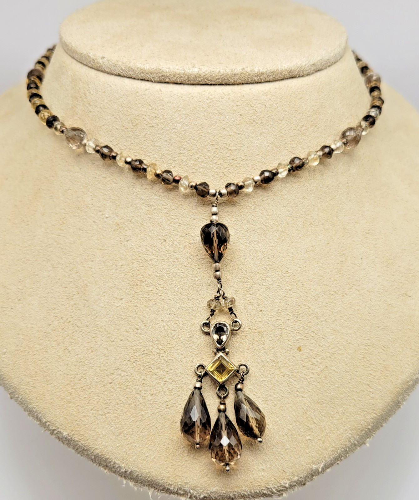 Sterling Silver Smoky Quartz Citrine Chatelaine Pendant Necklace ~ 17″-18.75″
