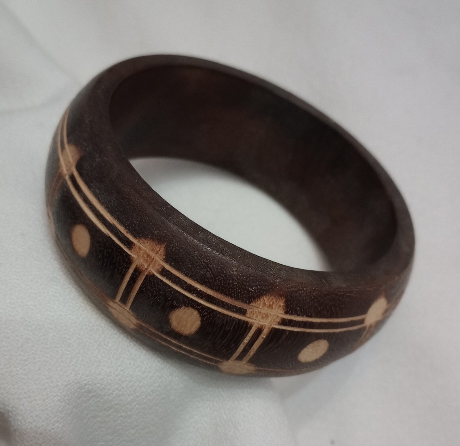 Brown Wooden Bangle Bracelet Inlaid Dot Stripe Pattern Round No Stone