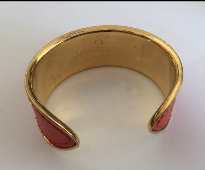 REBECCA MINKOFF ORANGE LEATHER/ENAMEL STUD CUFF GOLD BRACELET