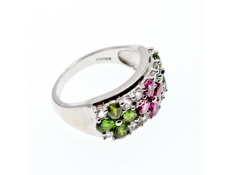 925 Sterling Silver Emerald, Pink Topaz & Goshenite “Flowers” Ring Size 7.5