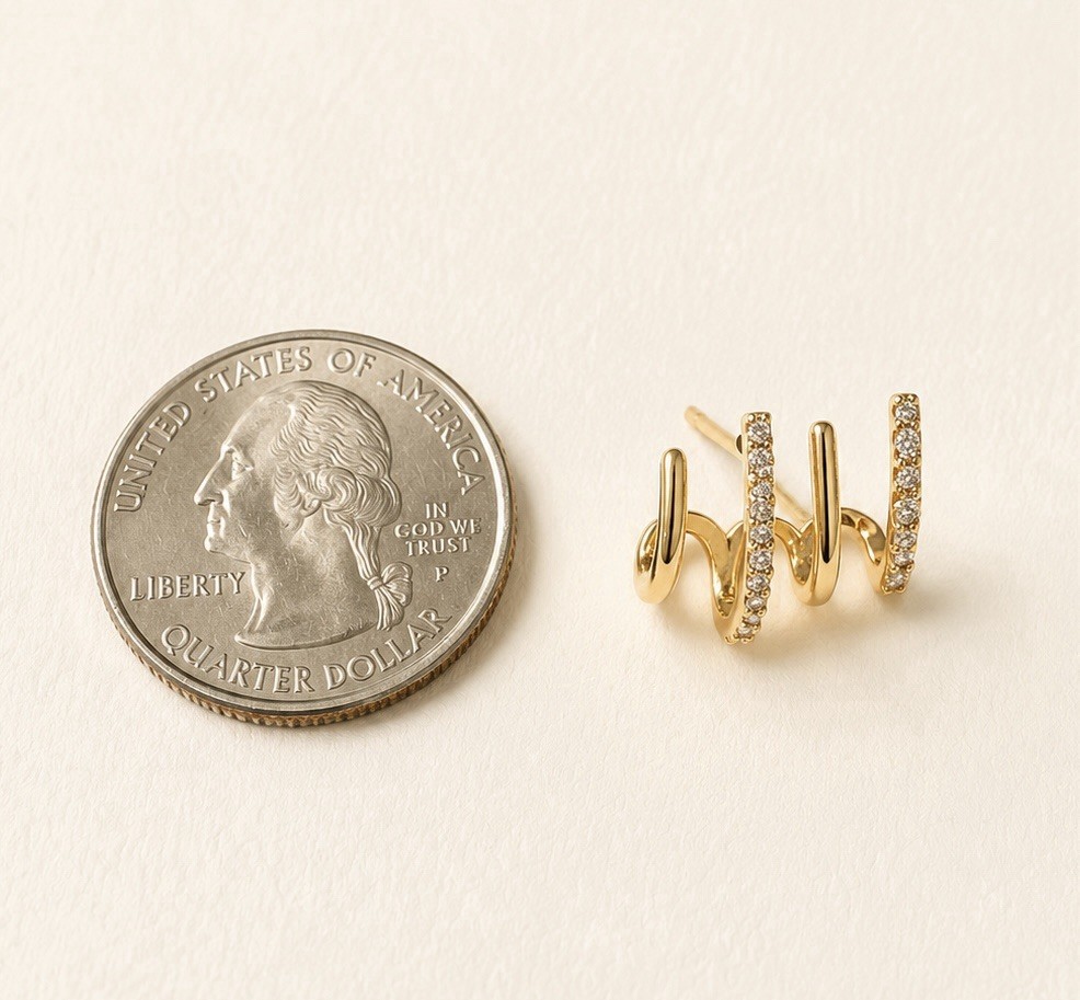 Wave Stud Earrings, CZ Ear Cuff Style Earrings, Modern Curved Line Earrings,051