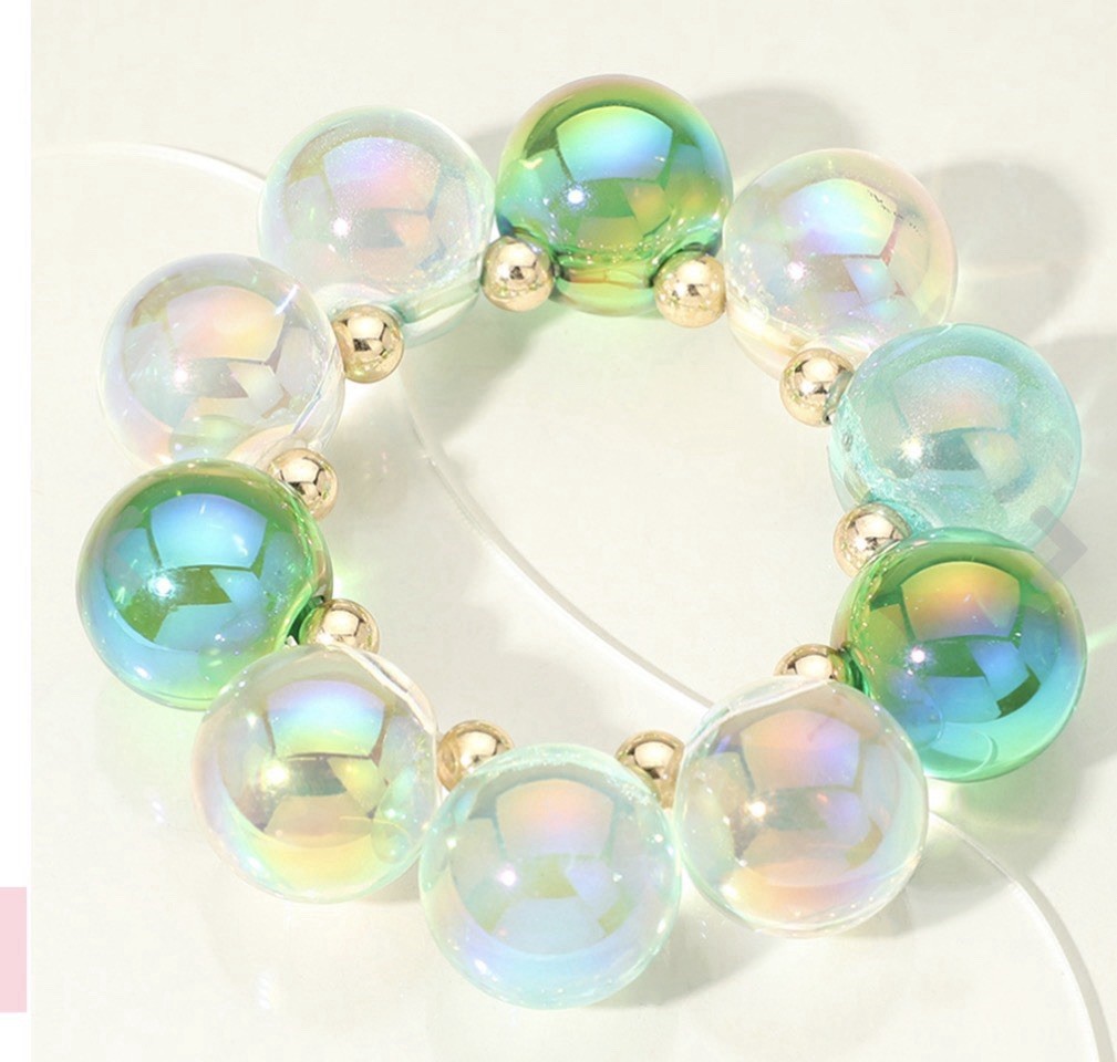 Iridescent Acrylic Beaded Stretch Bracelet Round Beads Multicolor