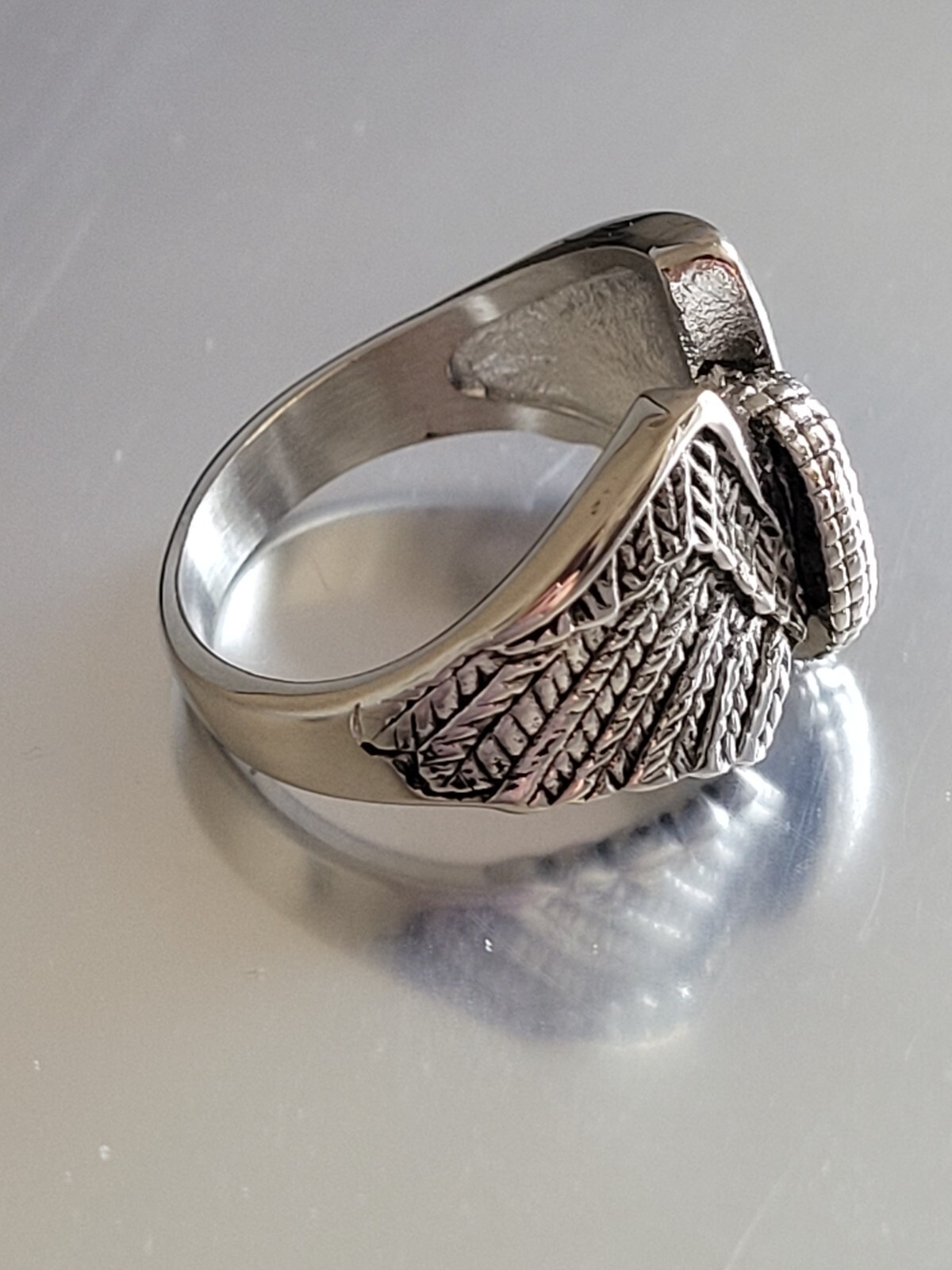 Stainless Steel Polished Winged Wheel Ring – Stainless Steel Biker Ring