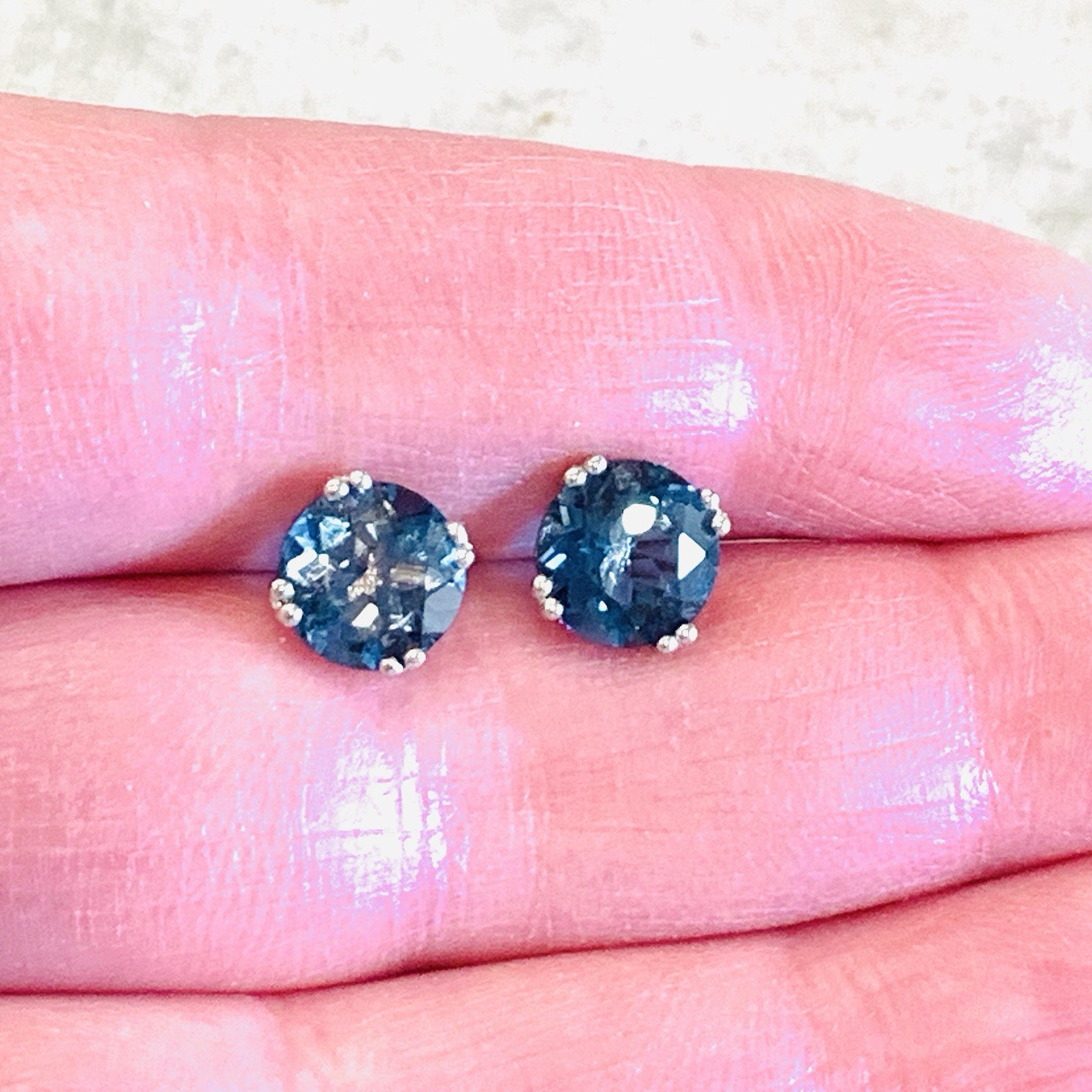 5 Ctw London Blue Topaz Earrings 14k Solid White Gold Stud Natural 1.85gr 8mm