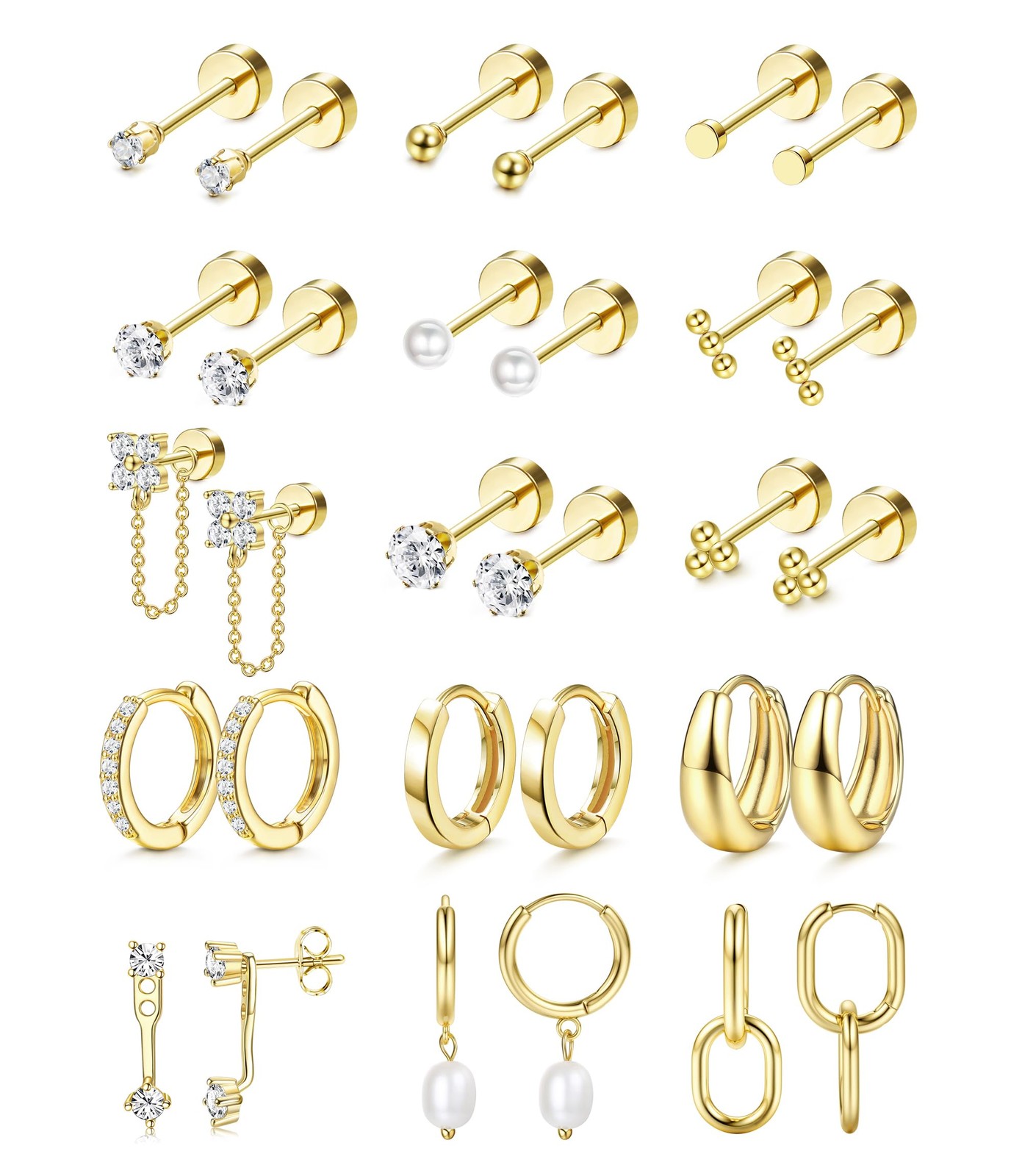 Flat Back Hypoallergenic Surgical Steel Earrings – 20G Gold Plated Stud Set