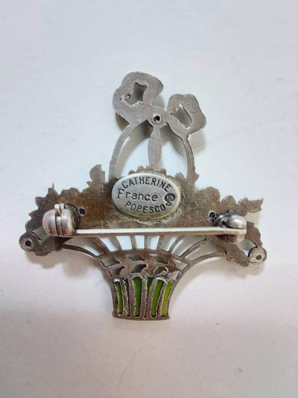 Sterling Silver enamel & crystals Catherine Popesco brooch flower basket France
