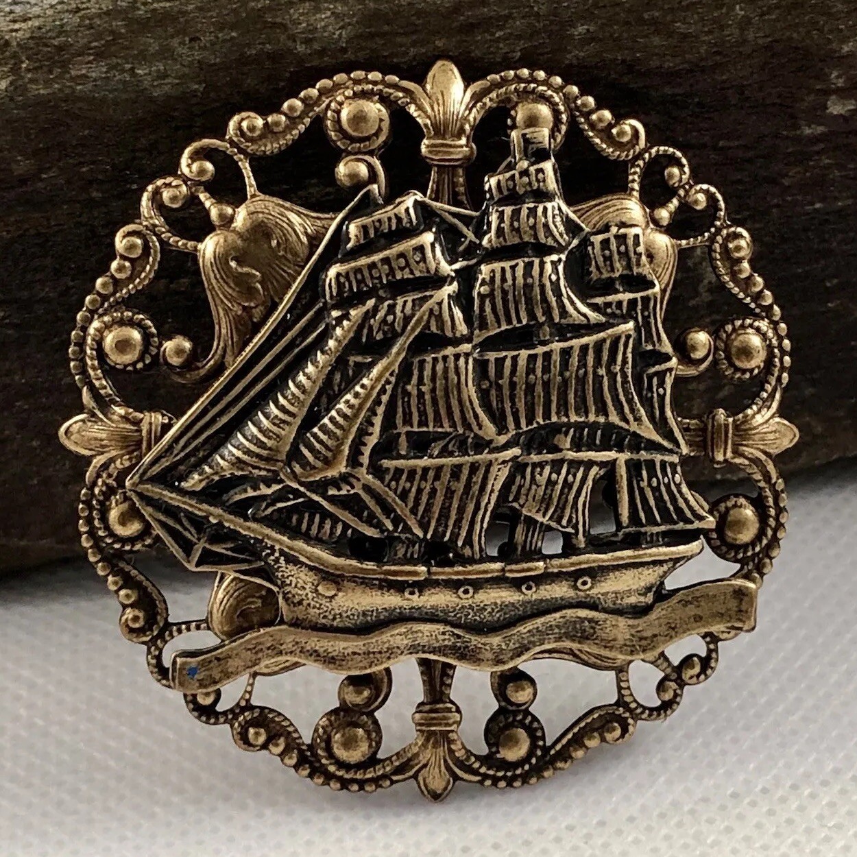 Galleon Pirate Ship Brooch Pin, Nautical Boat Sailing Hat Pin, Vtg Brass
